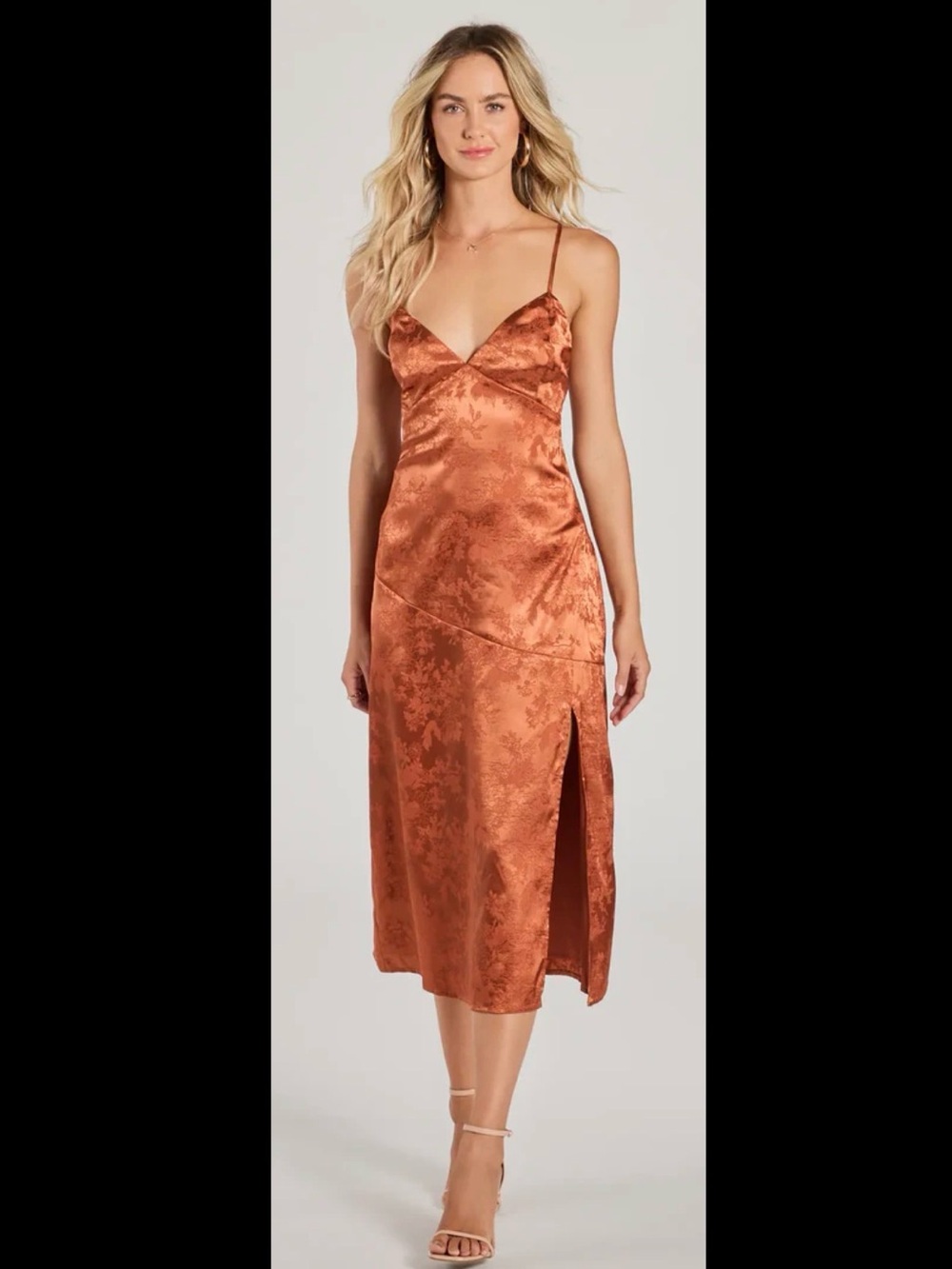 Windsor Chic Charm Floral Satin A-Line Midi Dress — Copper